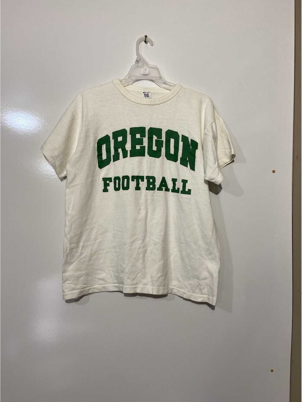 Mens CHAMPION White Vintage 1980s Oregon Ducks Football Single Stitch Shirt Sz L